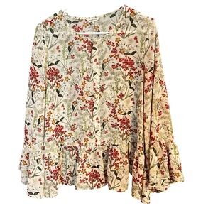 Max Studio Sheer Floral Flared Sleeve Flowy Boho Top Blouse Women's Size Large